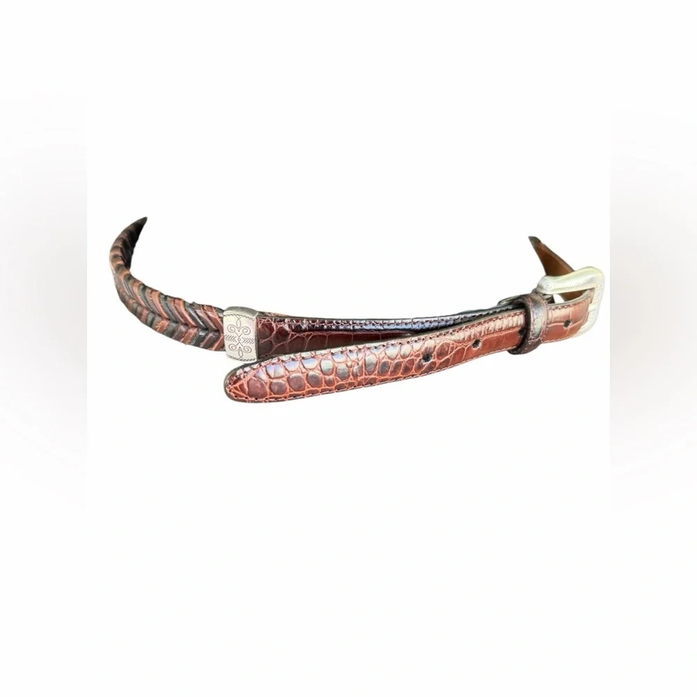 BRIGHTON Q5108 BROWN MOC CROC & WOVEN LEATHER SKINNY BELT SZ M
